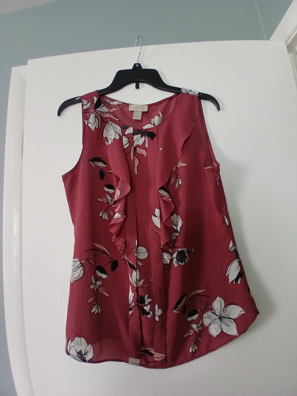 LOFT Burgundy Floral Ruffle Sleeveless Top